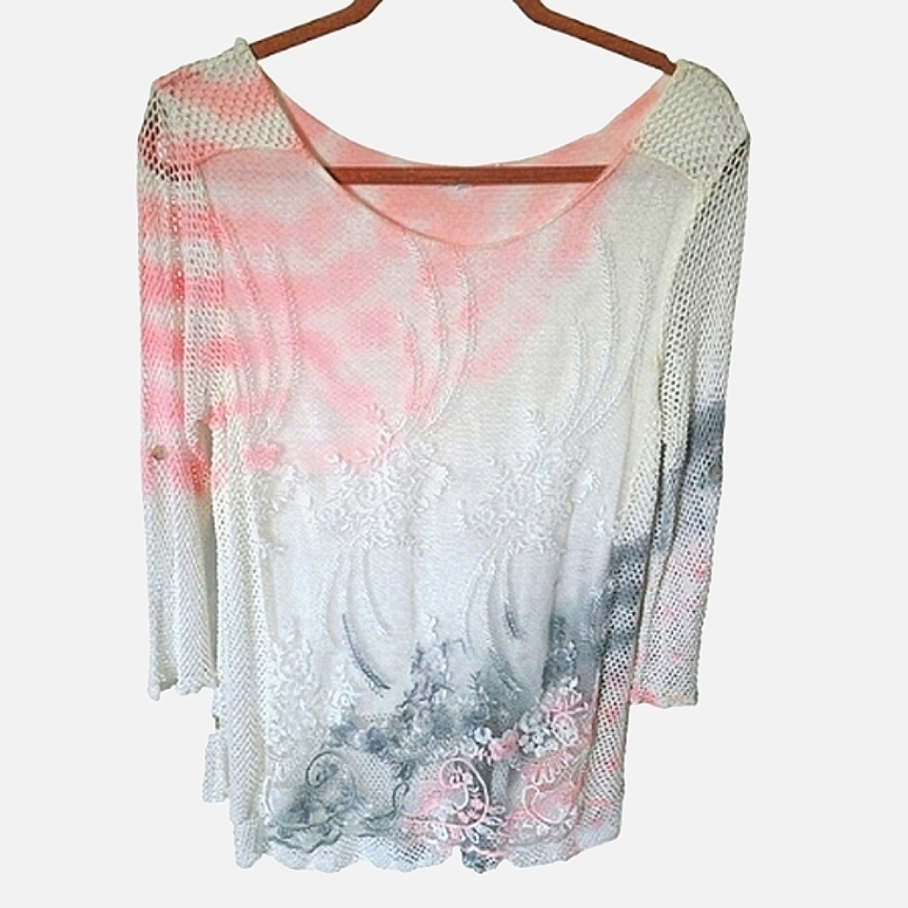 PINK Sheer Embroidered Italian Made Top Size Small
